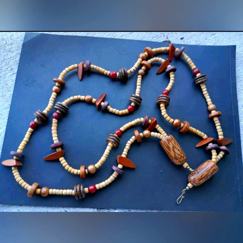 Ethnic Multi-colored Wooden Beaded Boho Hippy Necklace with Unique s-hook clasp